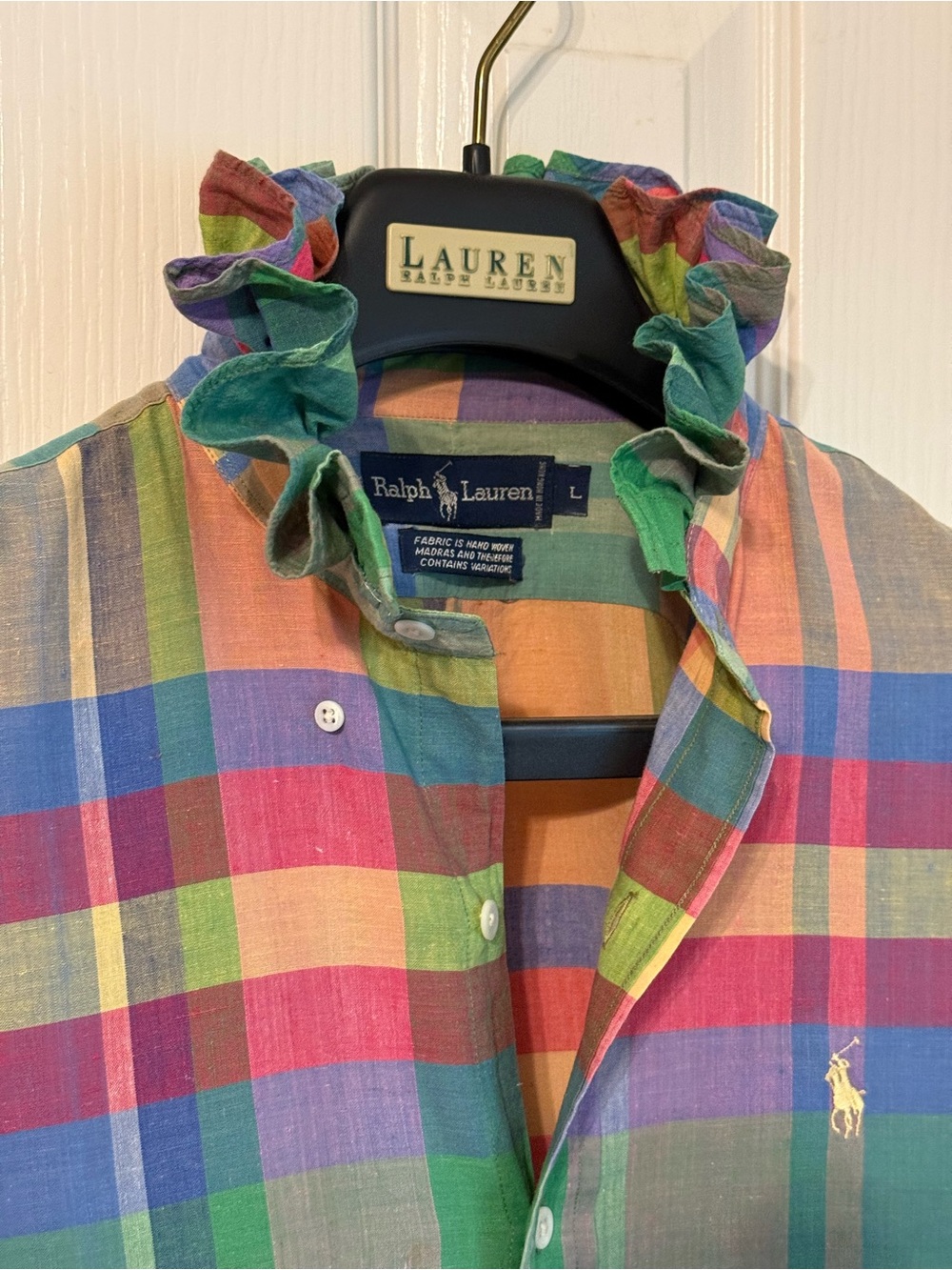 Ralph Lauren Ruffle Collar Pastel Multi-Color Plaid Button-Down Shirt - Picture 8 of 9